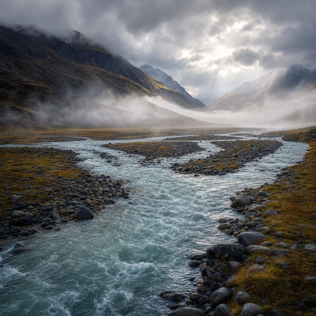 A glacial river winding through a misty mountain valley under storm clouds.