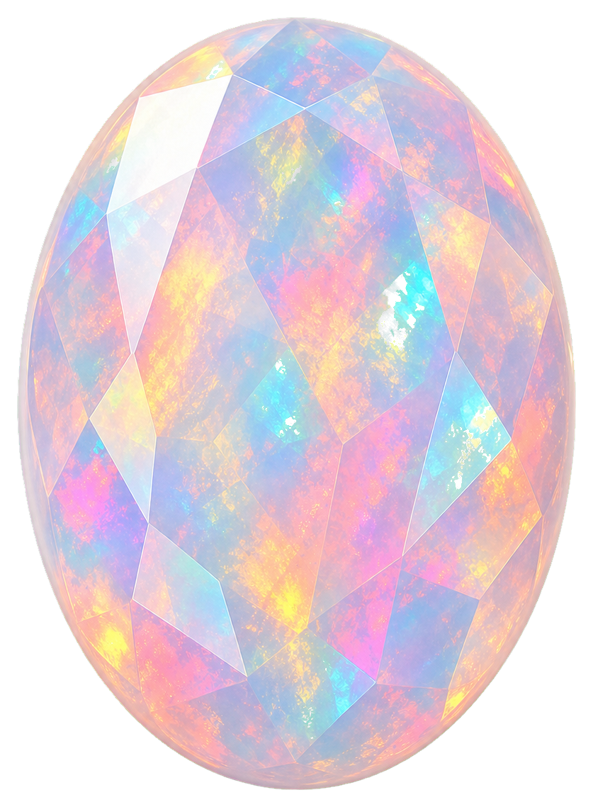 Oval faceted opal cabochon gemstone with pastel rainbow colors