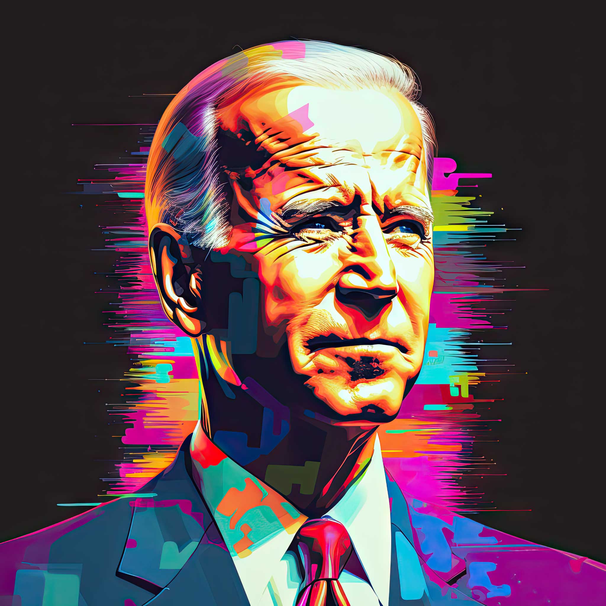 Stylized colorful portrait of Joe Biden on a dark background with glitch-like accents.