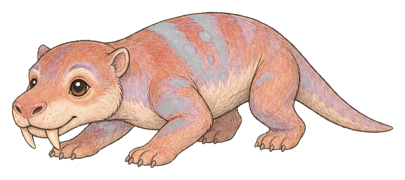 Cute kawaii gorgonopsid sticker in a crawling pose with soft pastel colors.