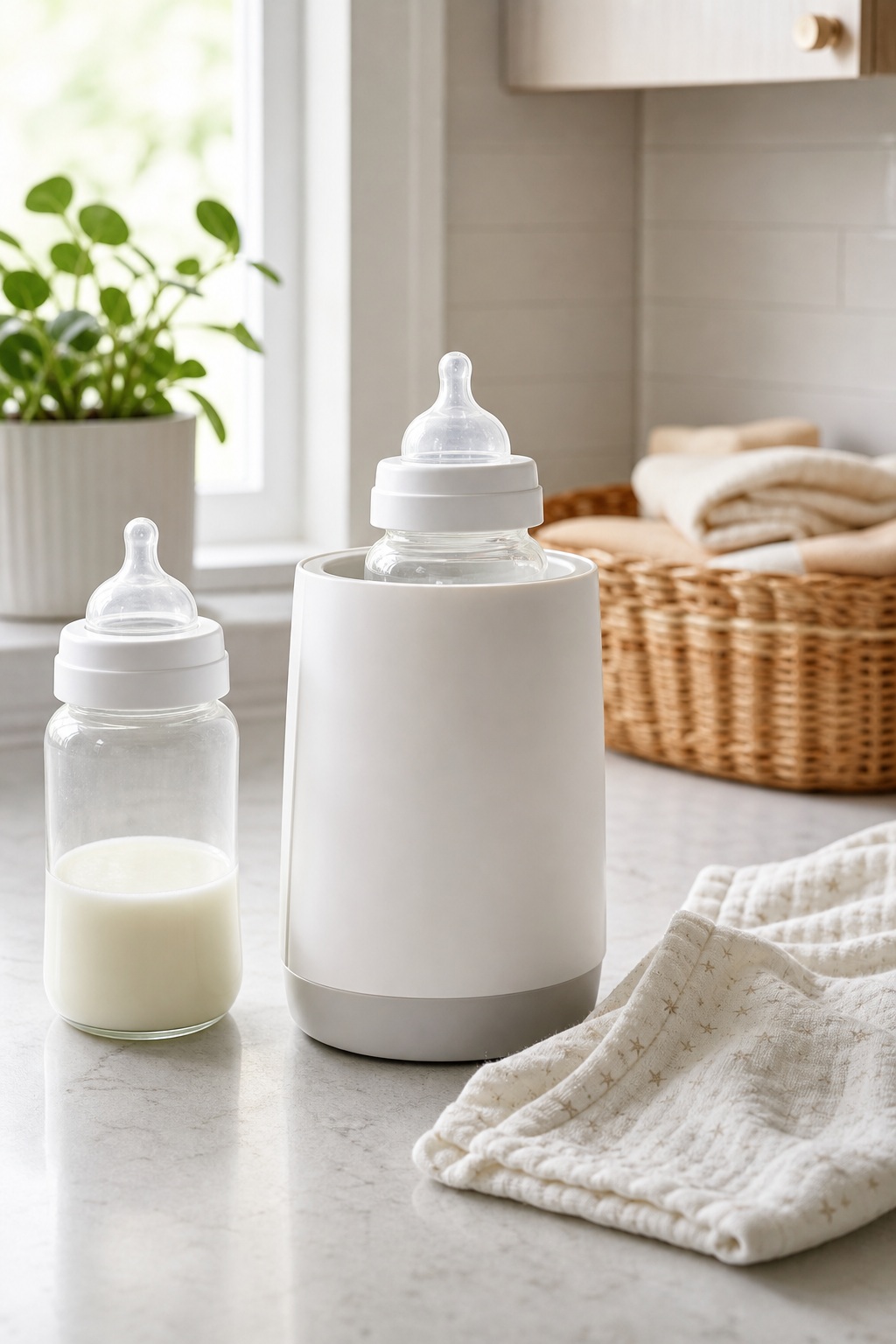 Two baby bottles on a light nursery counter beside a woven basket and folded cloth.