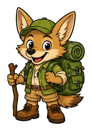 Cartoon coyote wearing hiking gear and carrying a backpack with a walking stick.
