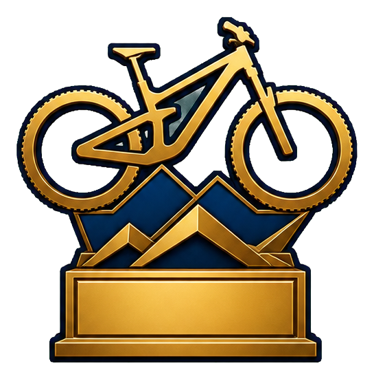 Golden mountain bike trophy with bike silhouette above mountain peaks