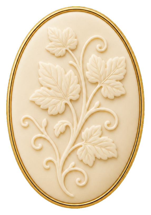 Oval ivory cameo with raised botanical leaves and curling vine details