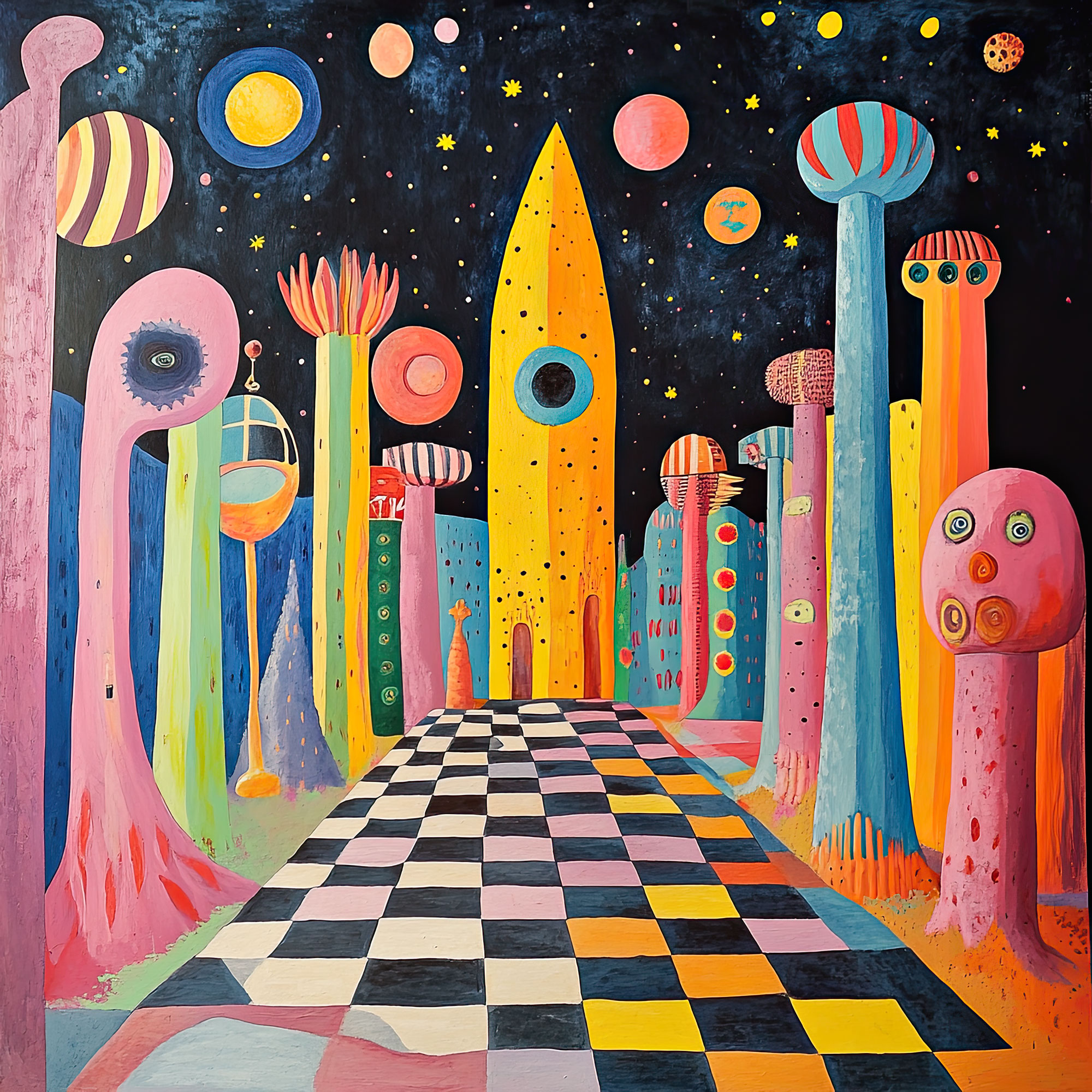 Preview for Cosmic-landscape-checkered-pathway-whimsical-backdrop-background-9282d