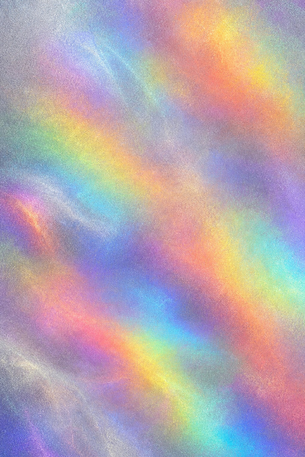 Soft holographic rainbow gradient with shimmering granular mist and abstract color shifts.