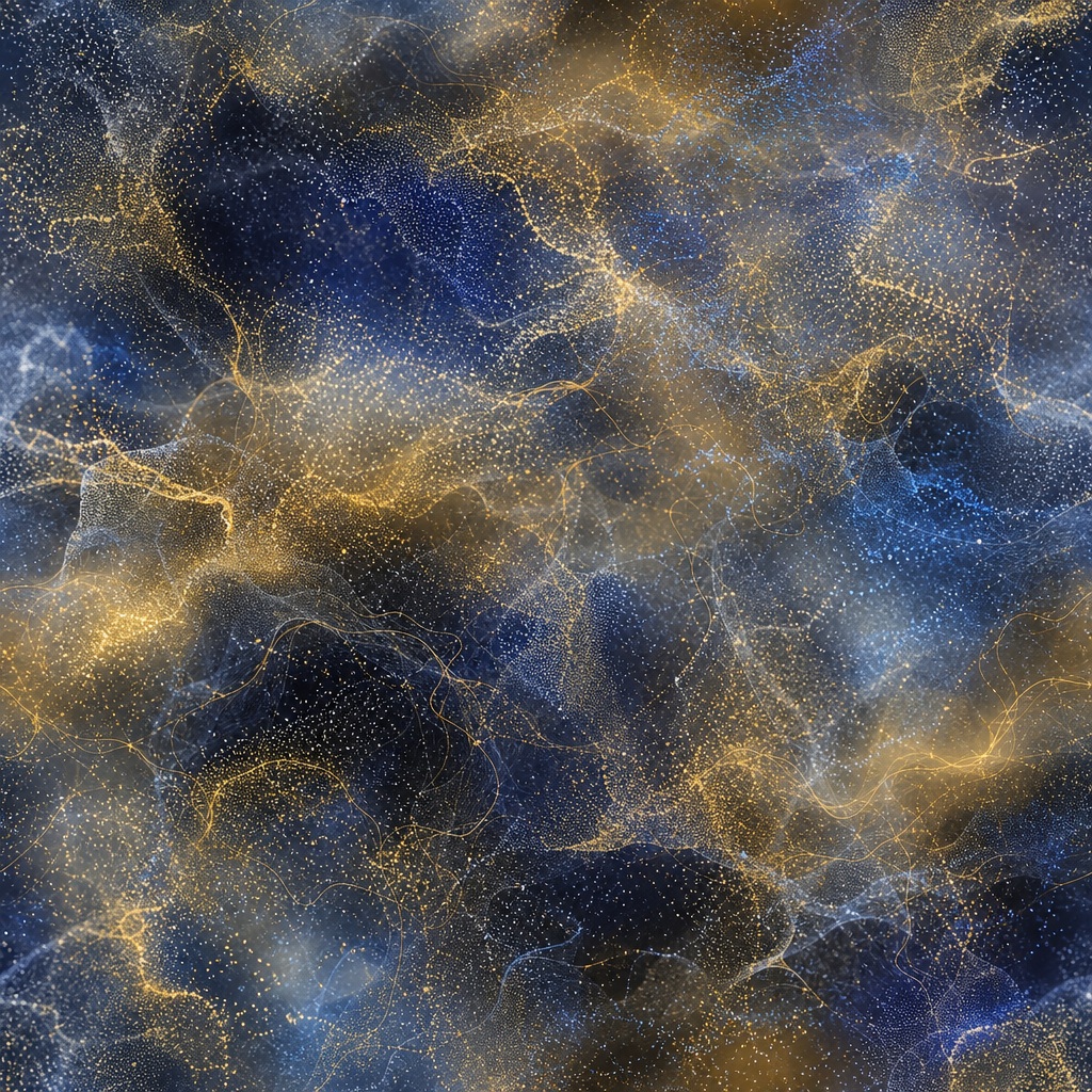 Abstract gold and indigo particle network with branching filament lines
