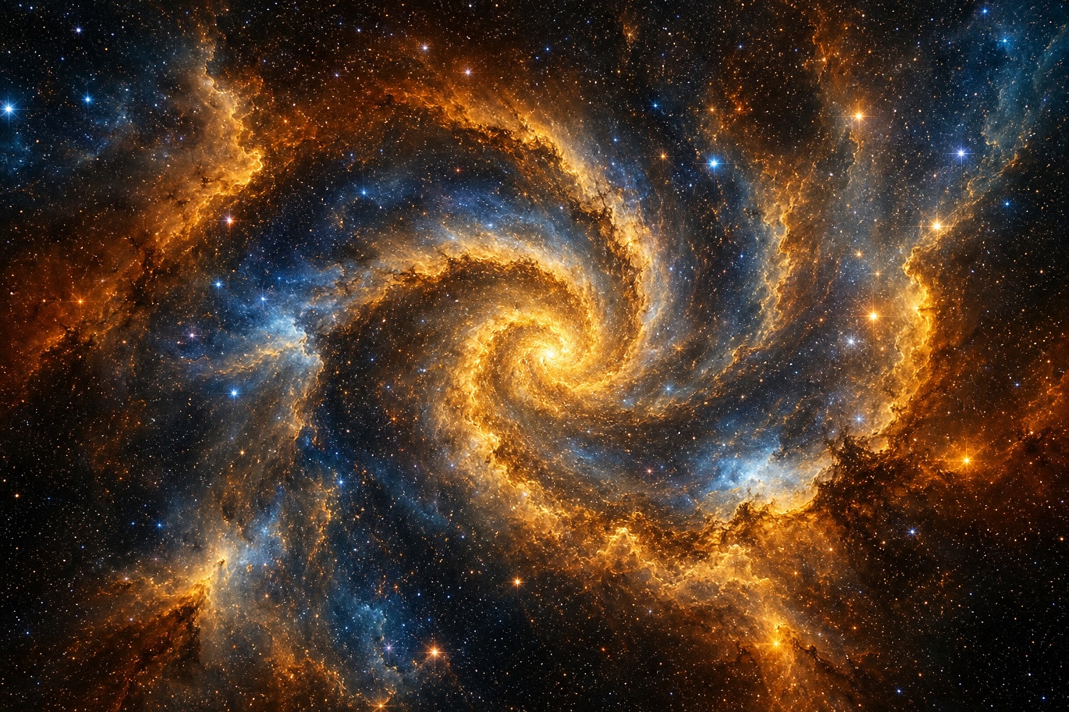 Golden spiral nebula swirling through deep space with bright stars and orange glow