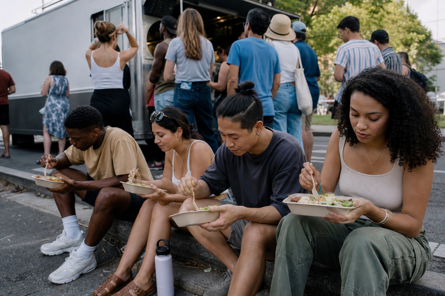 People seated and standing in a food truck queue area eating outdoors on a summer day.