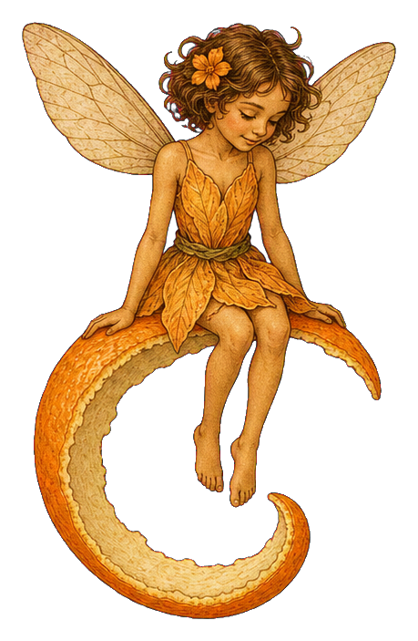 A vintage fairy with orange wings sits on a curled orange peel crescent.