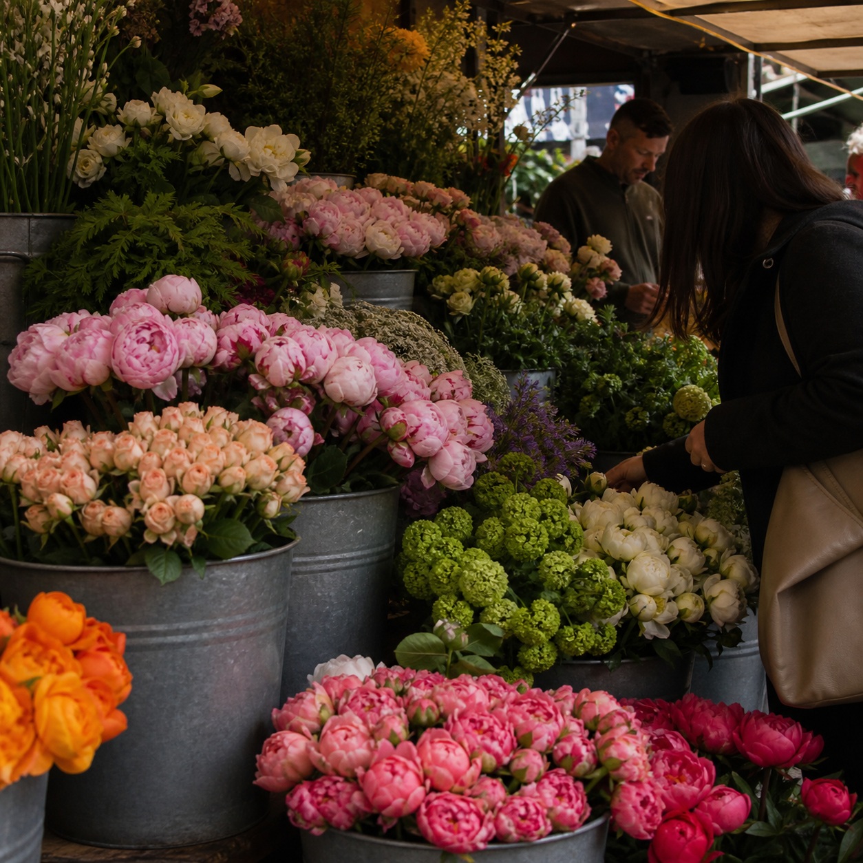 Flower stall with colorful bouquets and shoppers at a local market