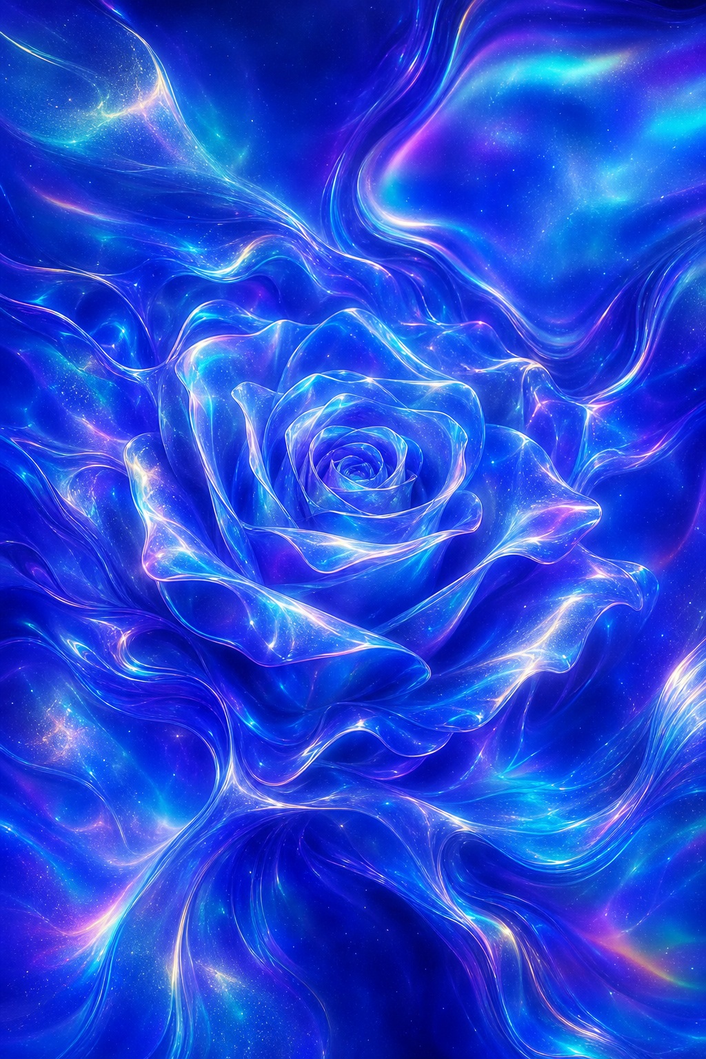 Blue and rose holographic mesh gradient forming a glowing abstract swirl