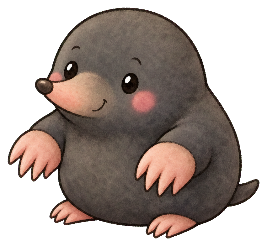 Cute pastel mole with rosy cheeks, small paws, and a rounded body sitting on white.