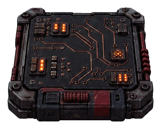 Dark futuristic circuit board with glowing orange lights and detailed wiring