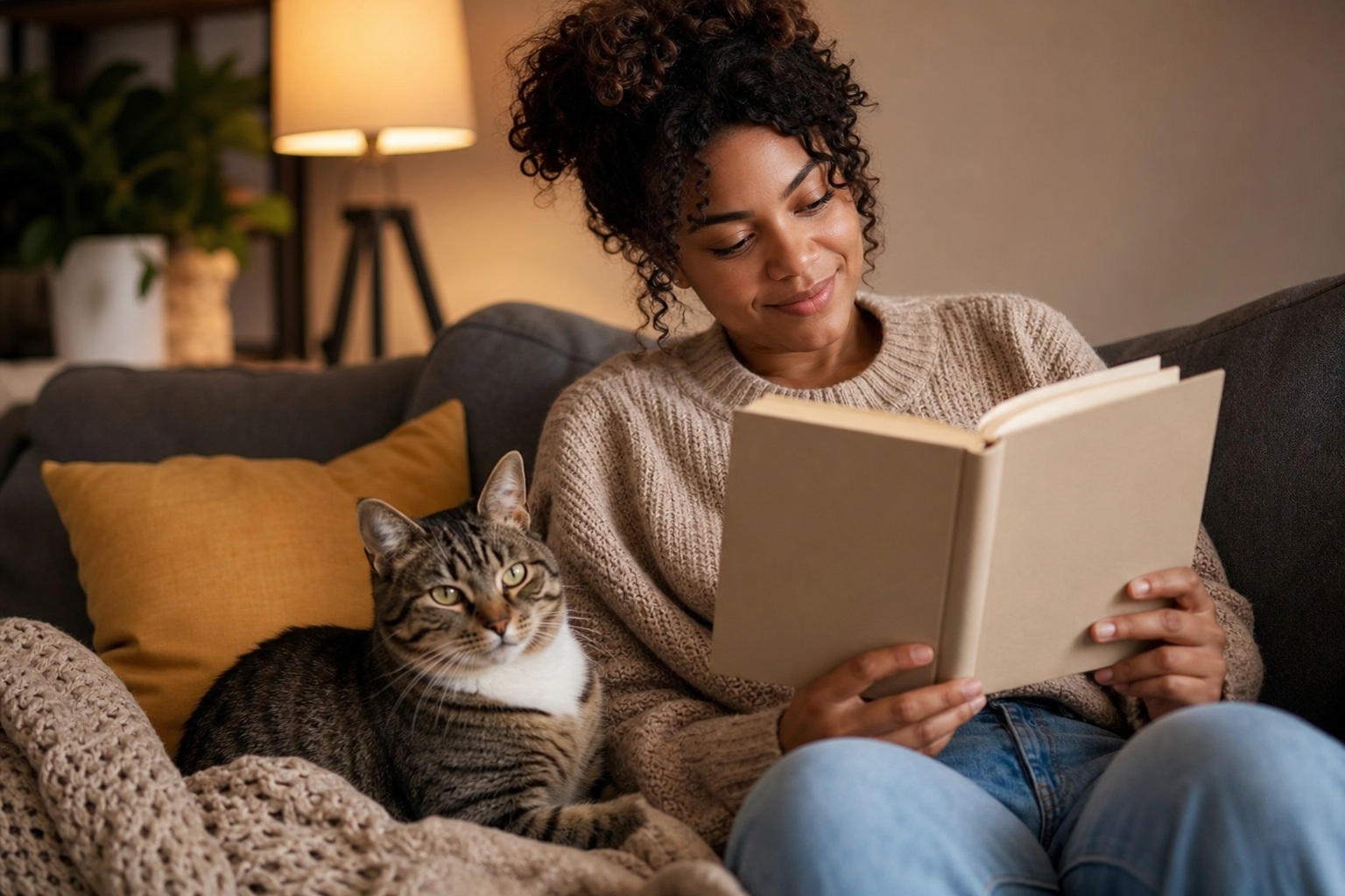 Person reading a book on a couch beside a relaxed cat in a cozy living room