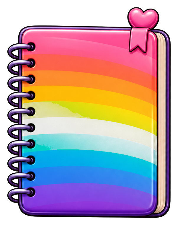 Rainbow spiral notebook with black binding and a pink heart bookmark.
