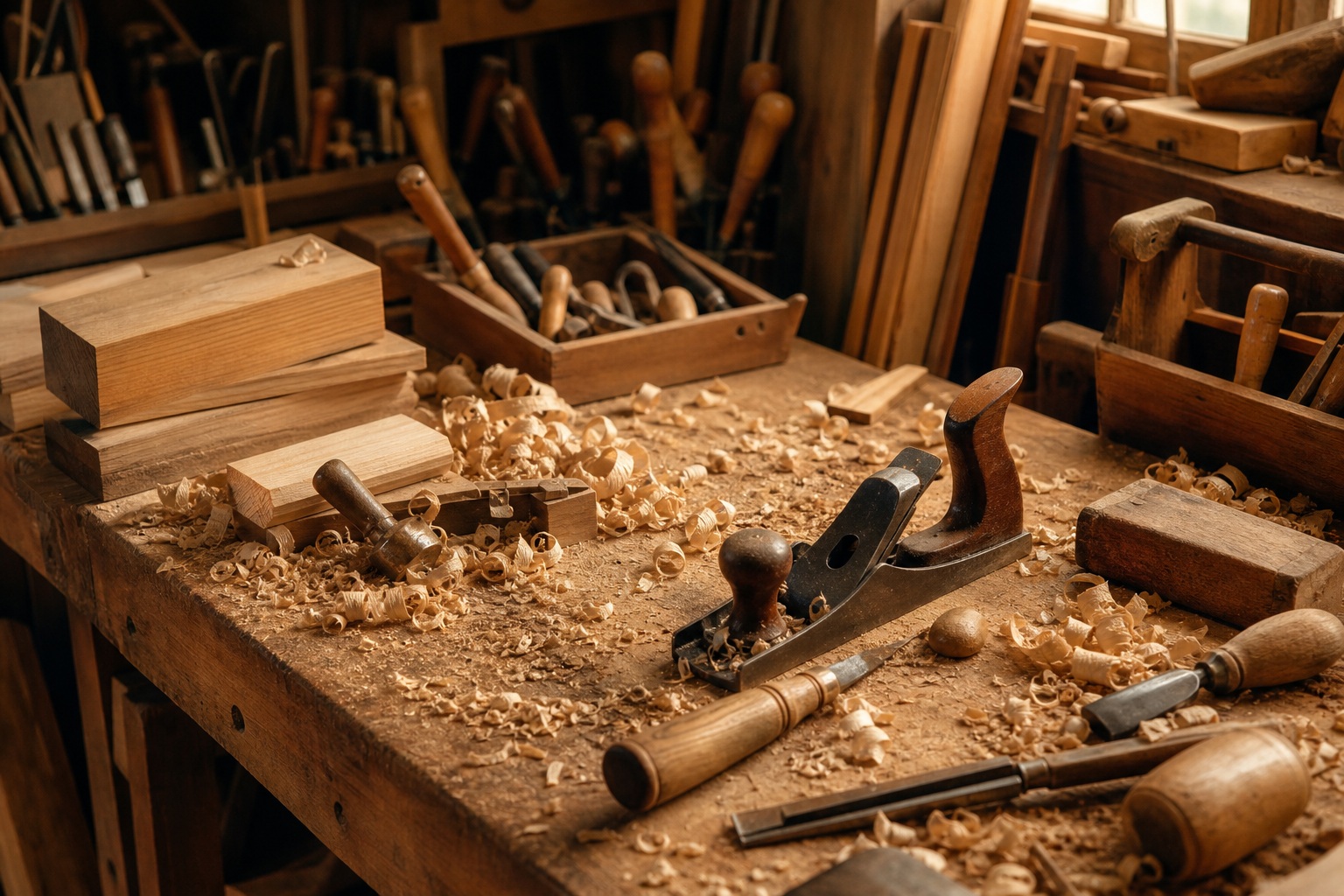Wooden workbench covered with wood shavings and hand tools in a workshop