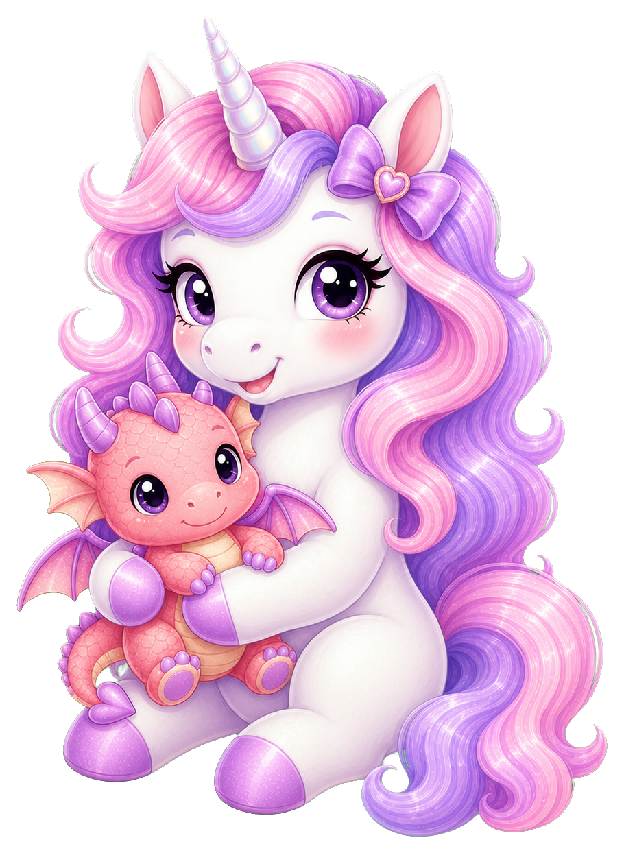 Cute white unicorn hugging a small pink dragon with a pastel pink and purple mane