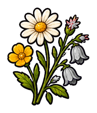 Wildflower sprig with white, yellow, and purple flowers and green leaves.