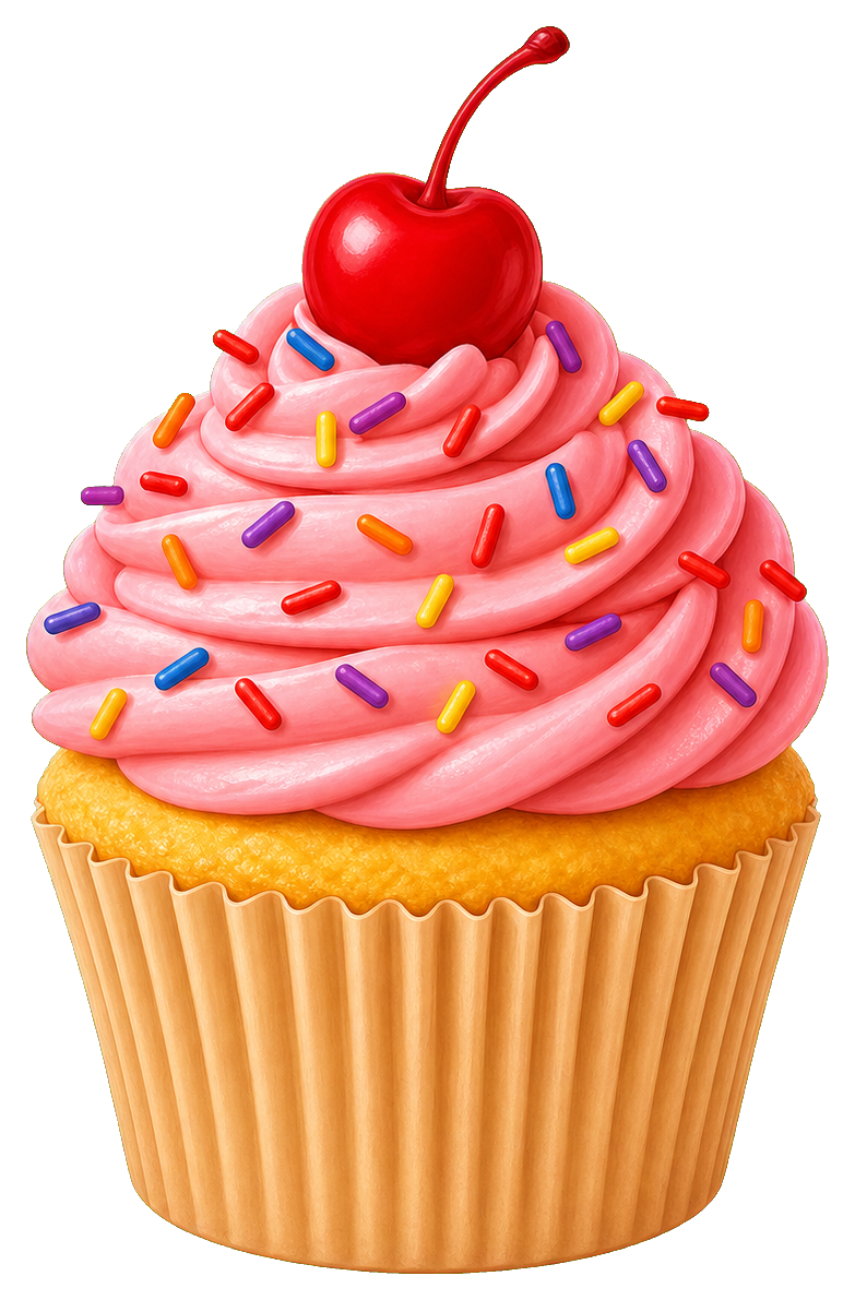 Pink frosted cupcake with sprinkles and a cherry on top
