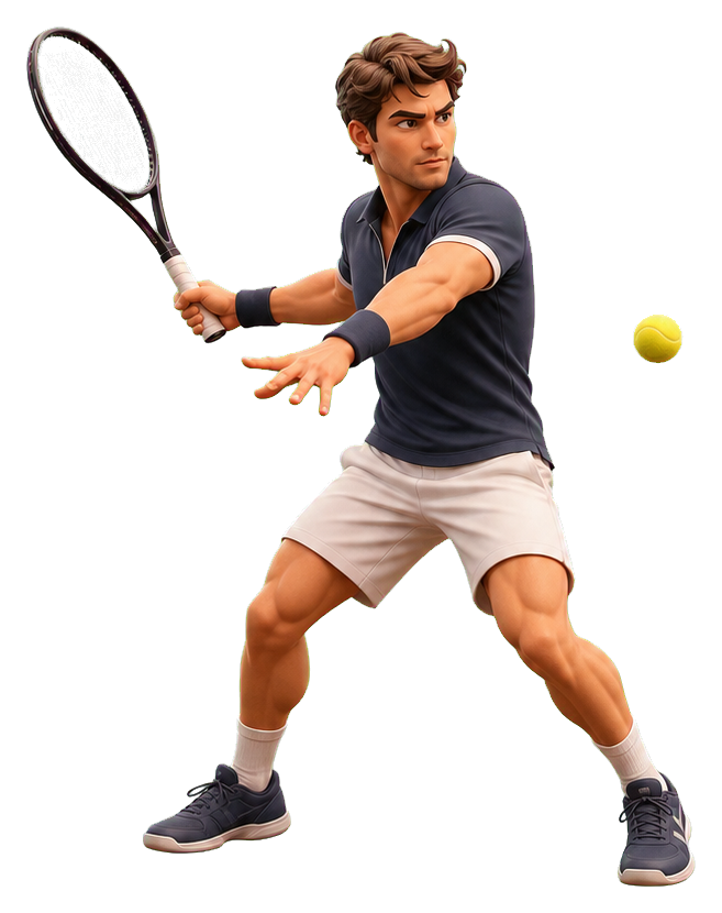 Focused tennis player holding a racket with a tennis ball beside him