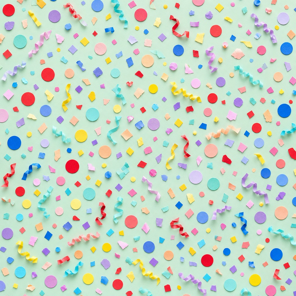 Pastel confetti shapes scattered across a light mint patterned background.