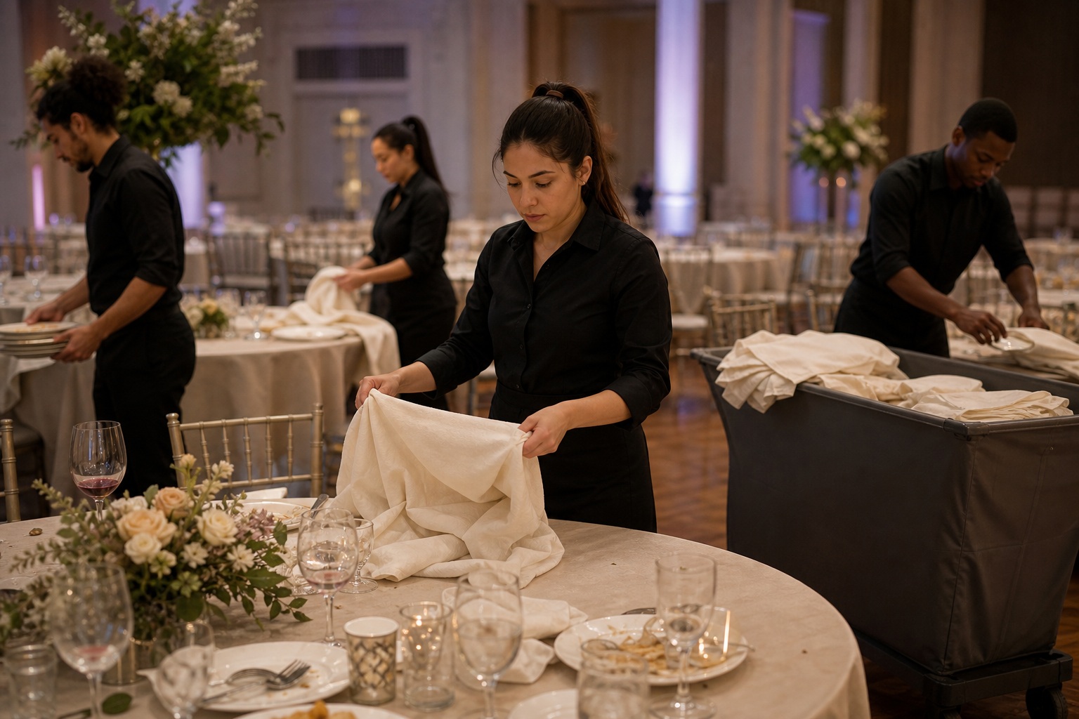 Event staff folding linens at a decorated venue during setup