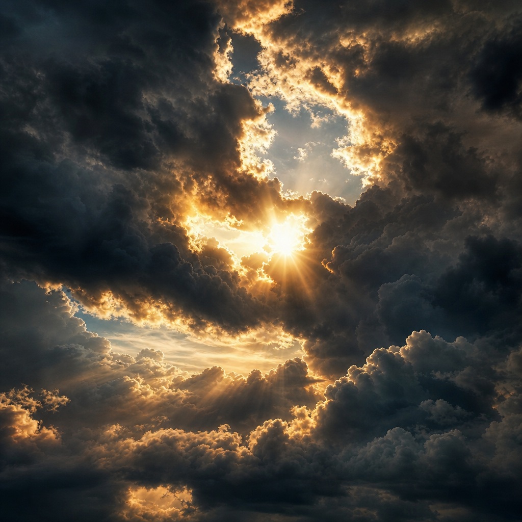 Golden sunlight breaks through dark storm clouds over a dramatic sky