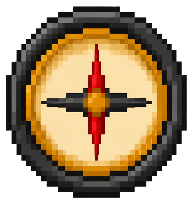 Pixel art amber compass icon with a black and red needle on a circular gold background