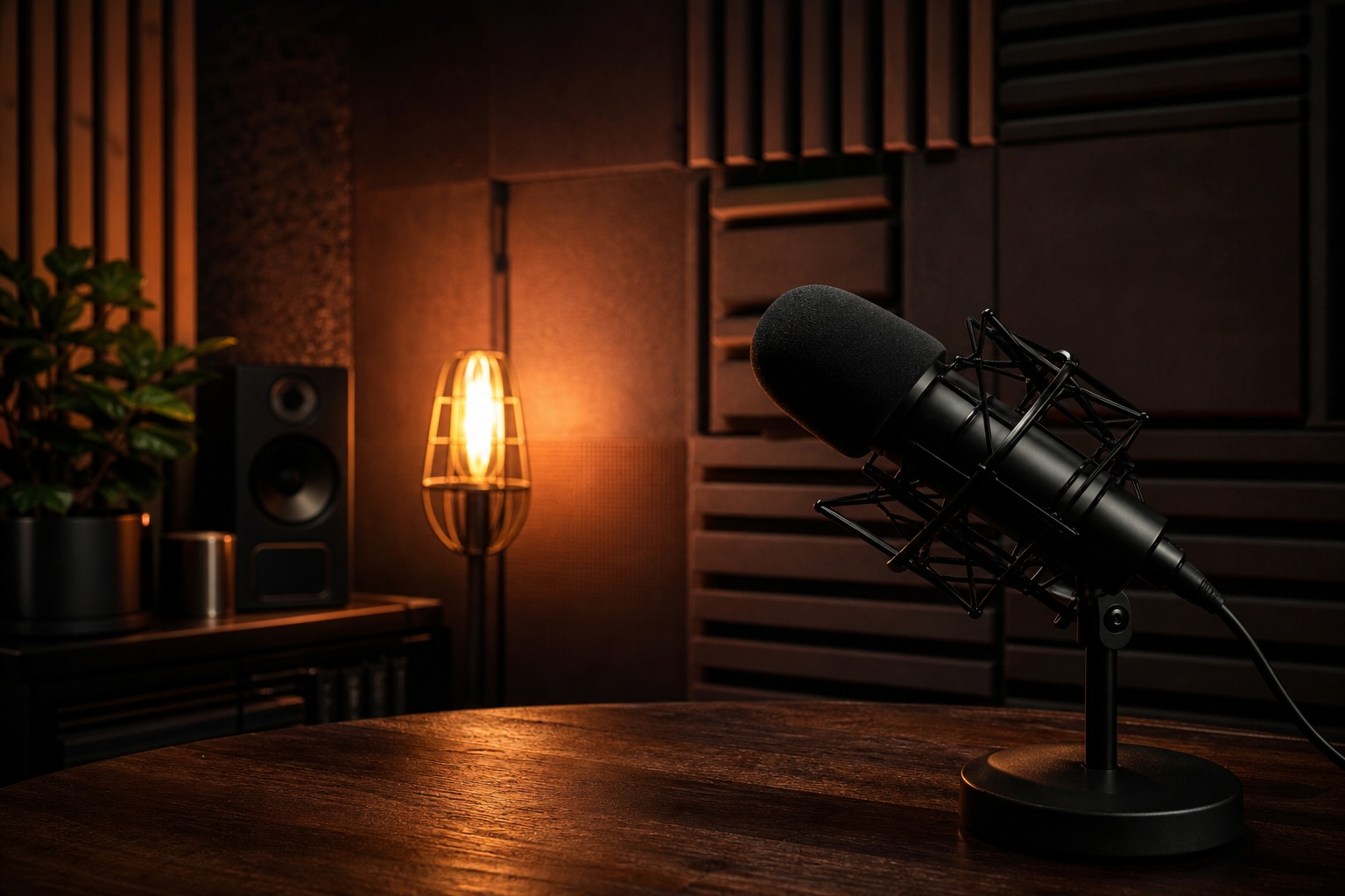 Microphone on a desk in a dark podcast studio with warm lamp lighting.