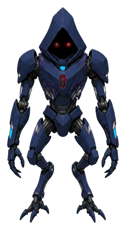 Dark blue hooded robot with glowing red eyes and clawed metal limbs.