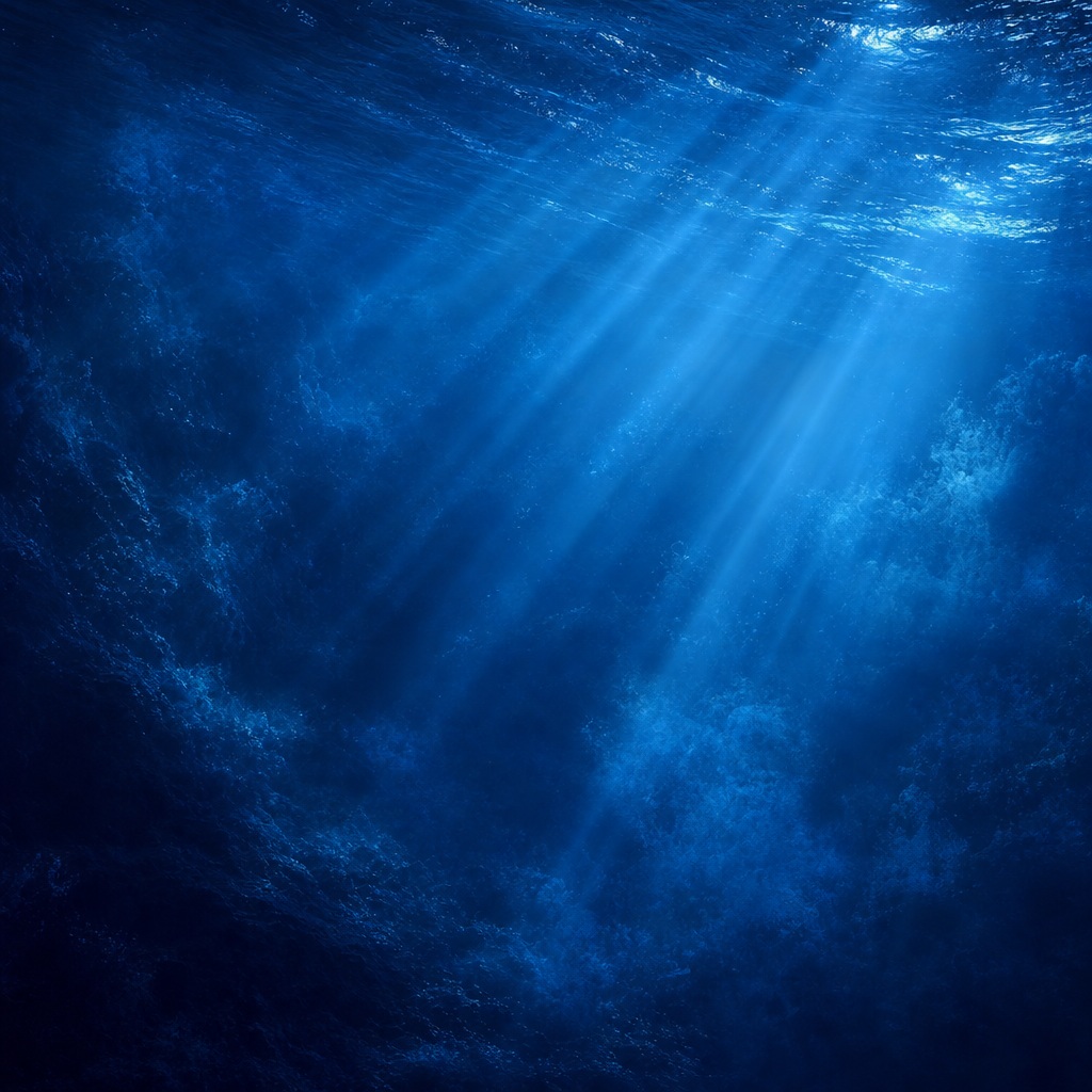 Blue underwater scene with light rays filtering through hazy ocean water