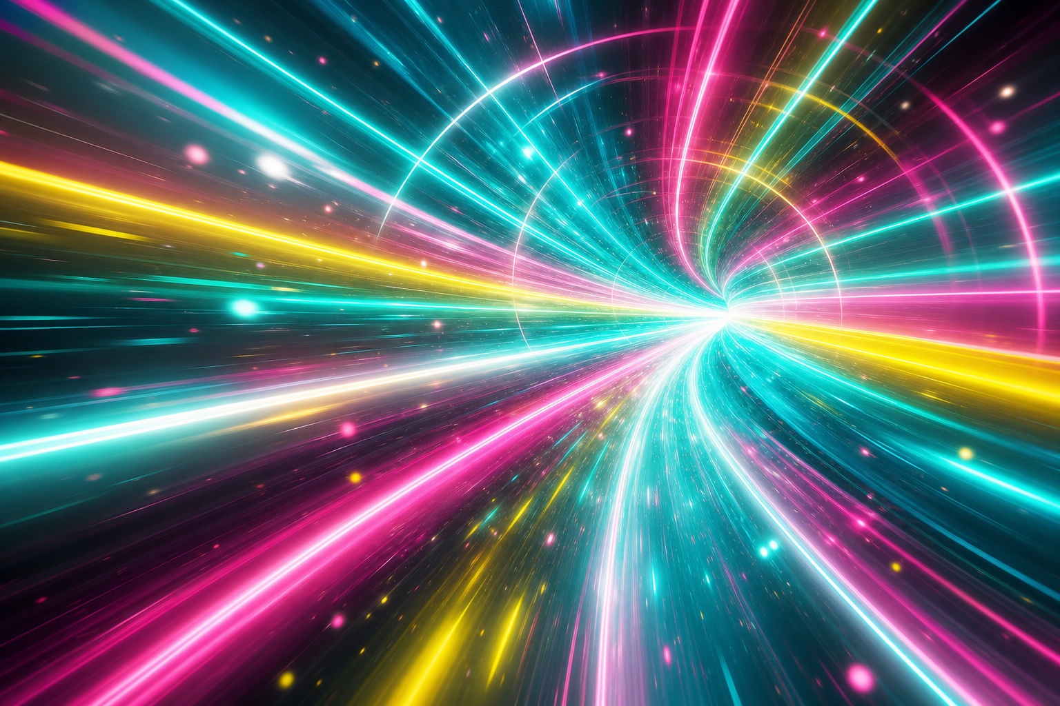 Abstract neon light streaks and glowing bokeh forming a bright tunnel pattern