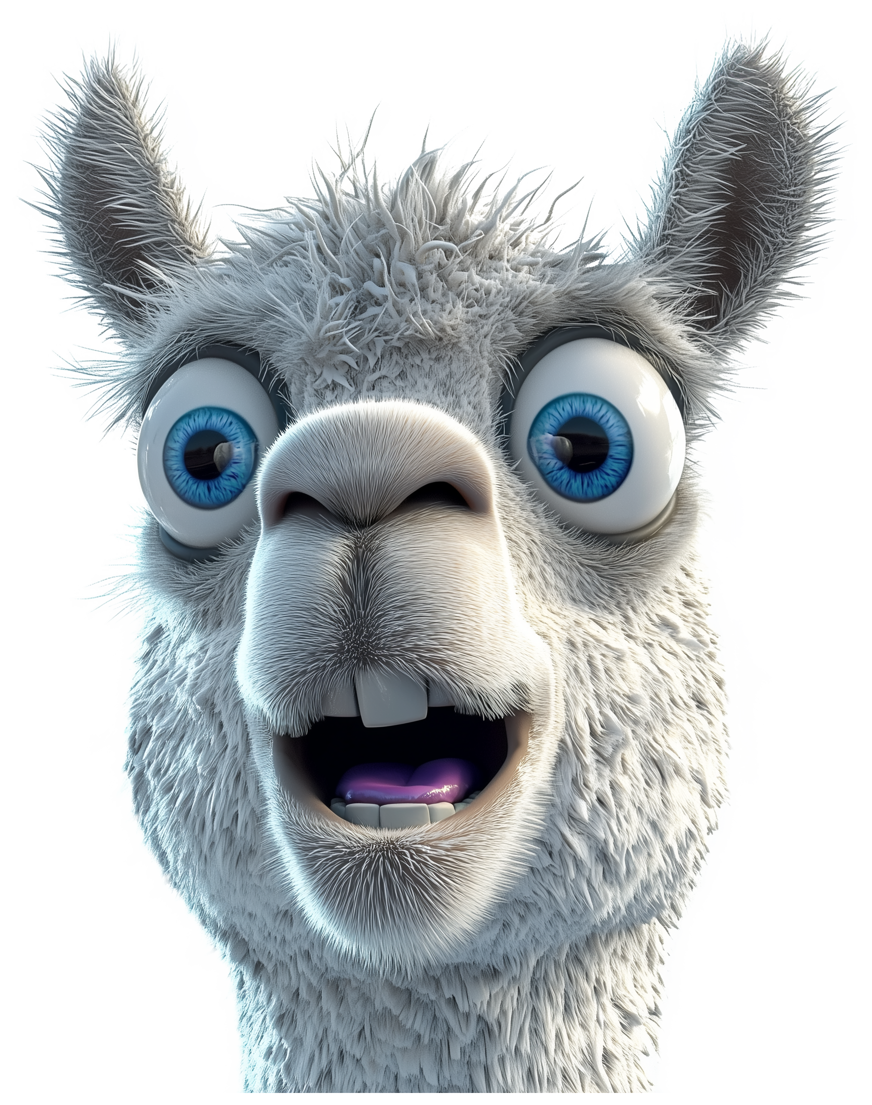 A fluffy gray llama with big blue eyes and an open mouth.