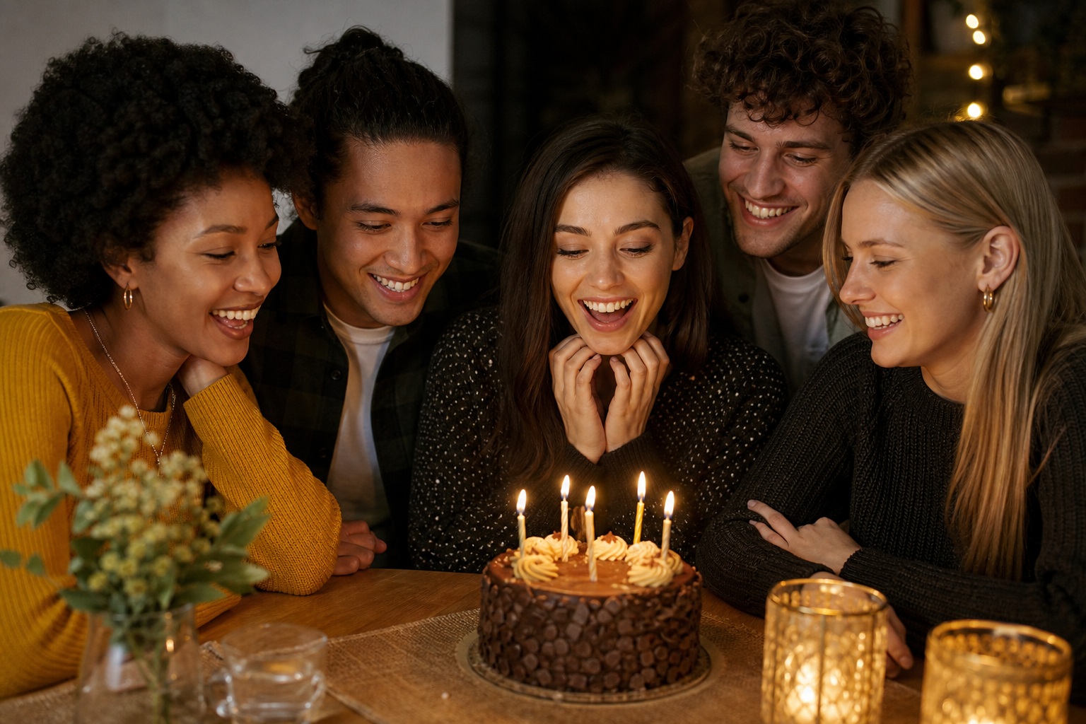 Group of friends gathered around a birthday cake with lit candles at a warm celebration.