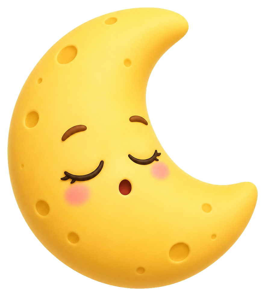 Cute yellow crescent moon with closed eyes, blush cheeks, and a sleepy expression