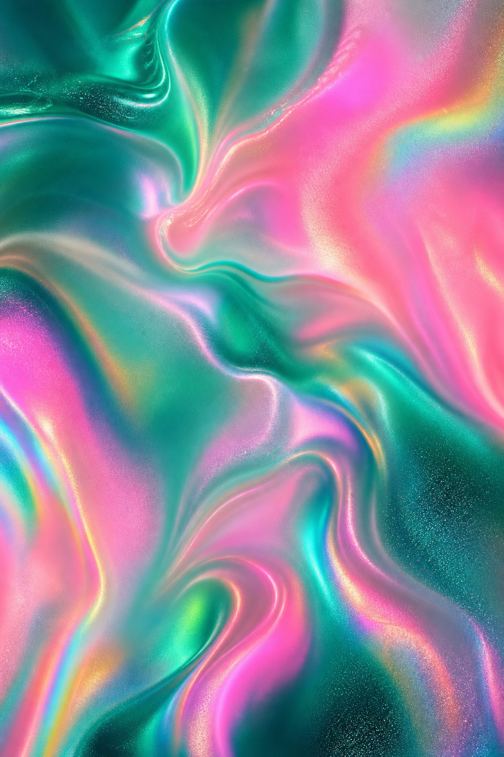 Abstract pink and emerald holographic mesh gradient with swirling iridescent highlights
