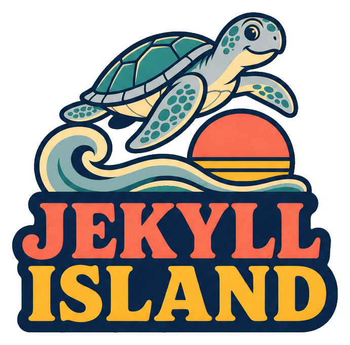 A turtle gliding above a sun with the words Jekyll Island