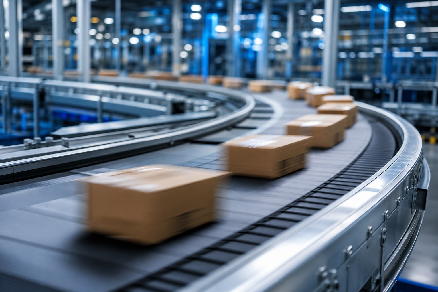 Motion-blur boxes moving along a curved conveyor inside a warehouse