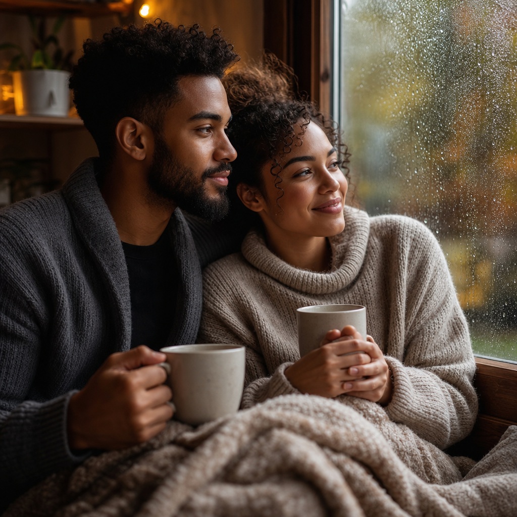Couple sitting by a rainy window holding mugs under a soft blanket