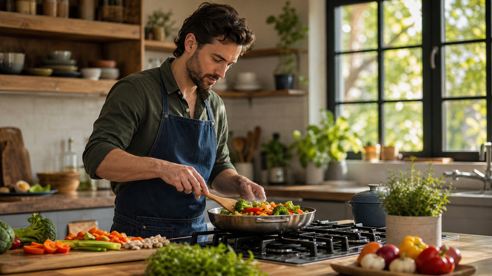 Man cooking vegetables in a modern kitchen with a pan on the stove