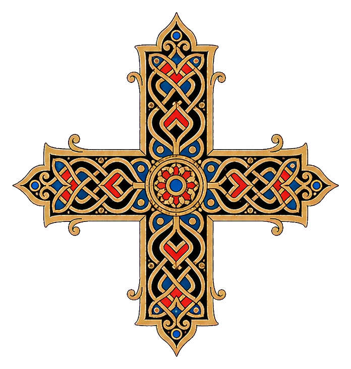Ornamental illuminated knot cross with red, blue, and gold details