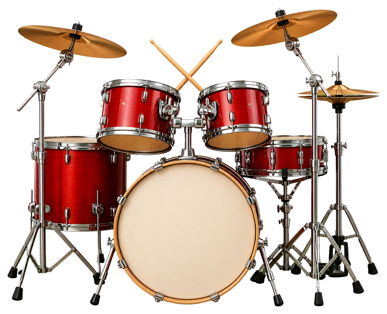 Blank red drum kit with cymbals, toms, and bass drum on a transparent background