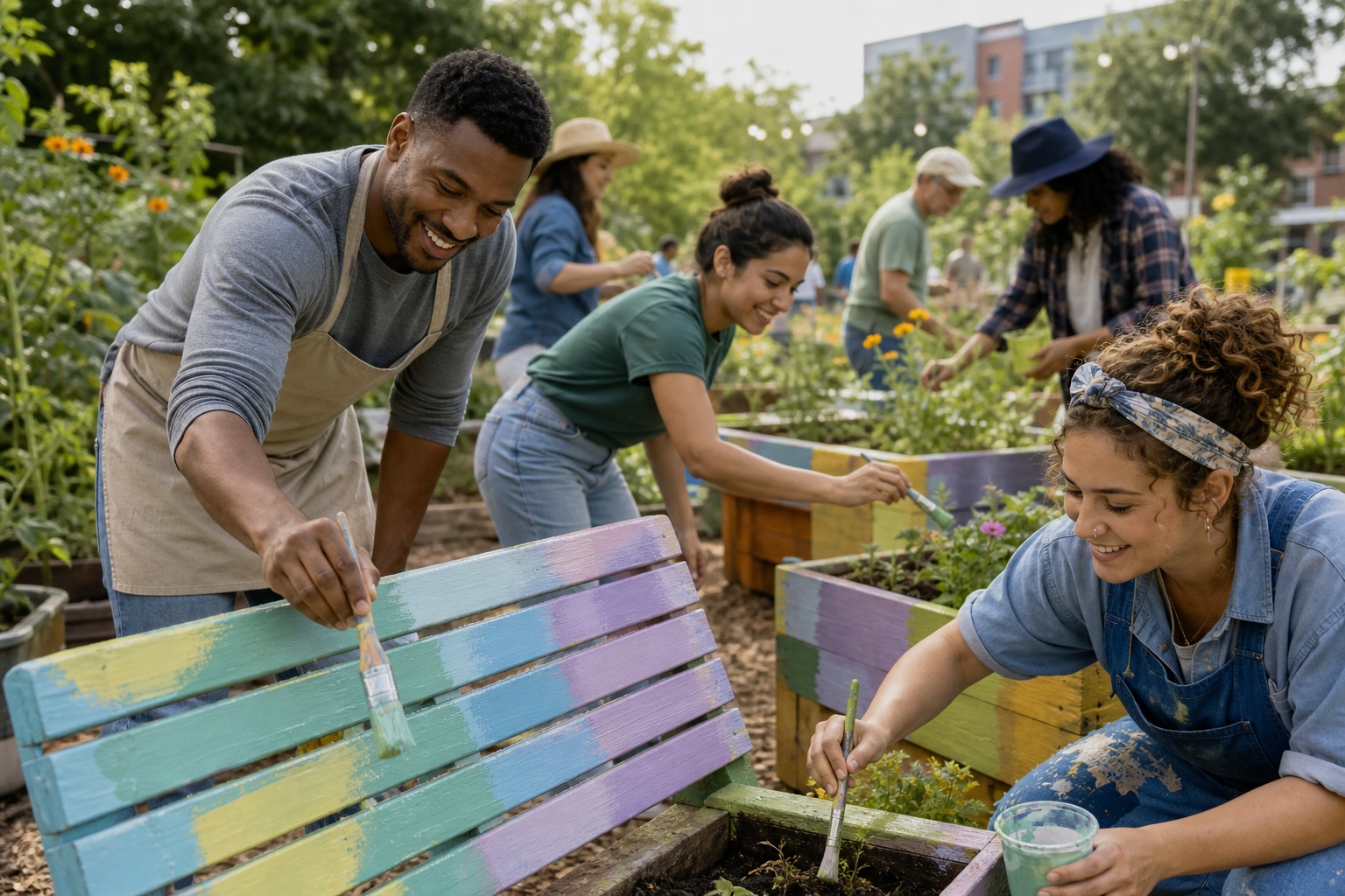 Neighbors painting colorful wooden panels outdoors during a community volunteer project
