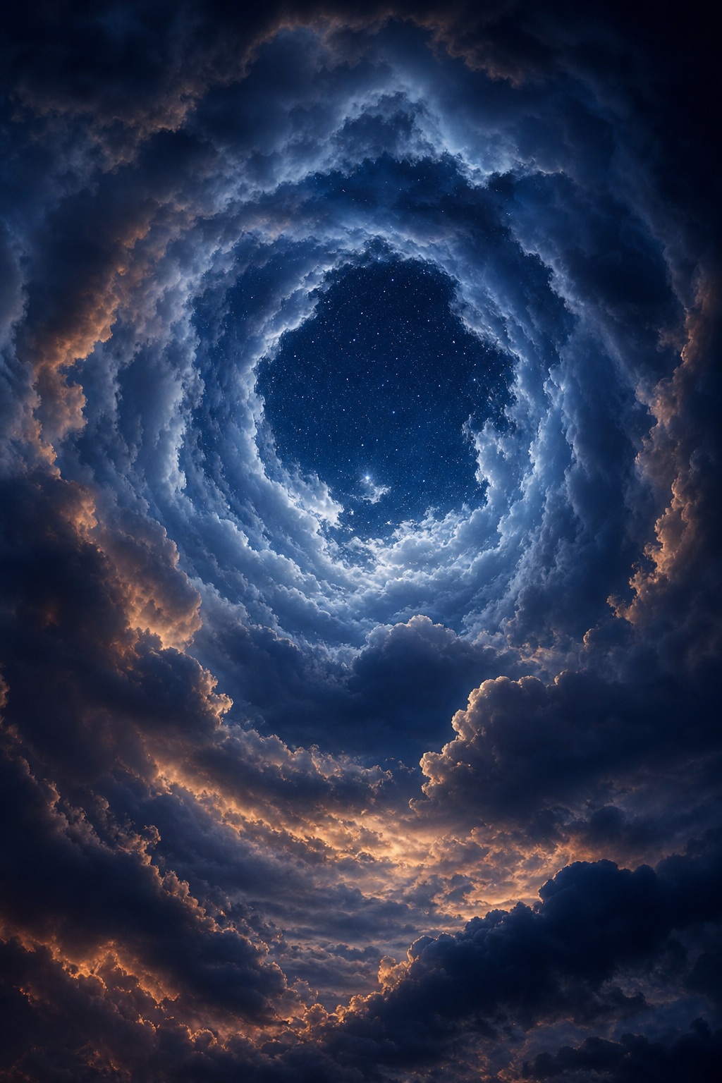 Dark blue spiral cloud formation with glowing edges in a night sky