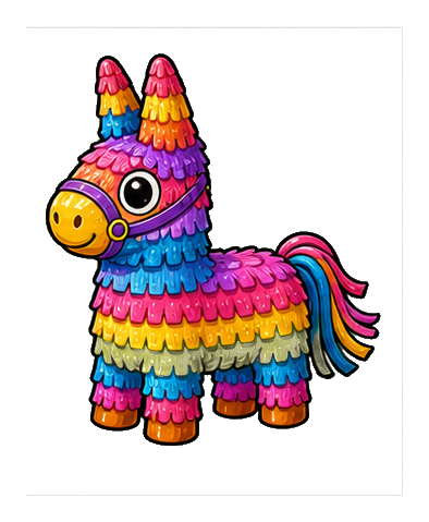 Colorful cartoon piñata with bright stripes, tassels, and a smiling face