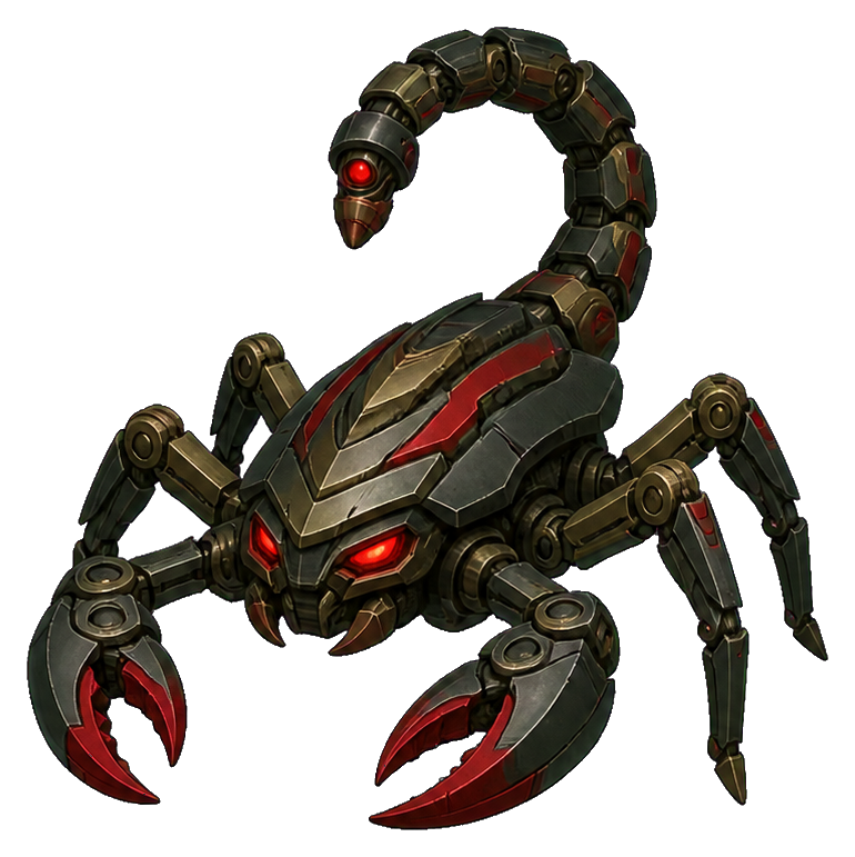 Dark mechanical scorpion robot with glowing red eyes and clawed pincers
