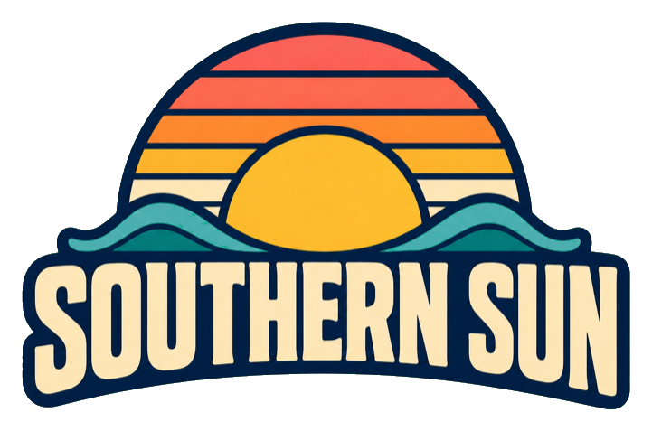 Retro Southern Sun text with a striped sunset over blue waves