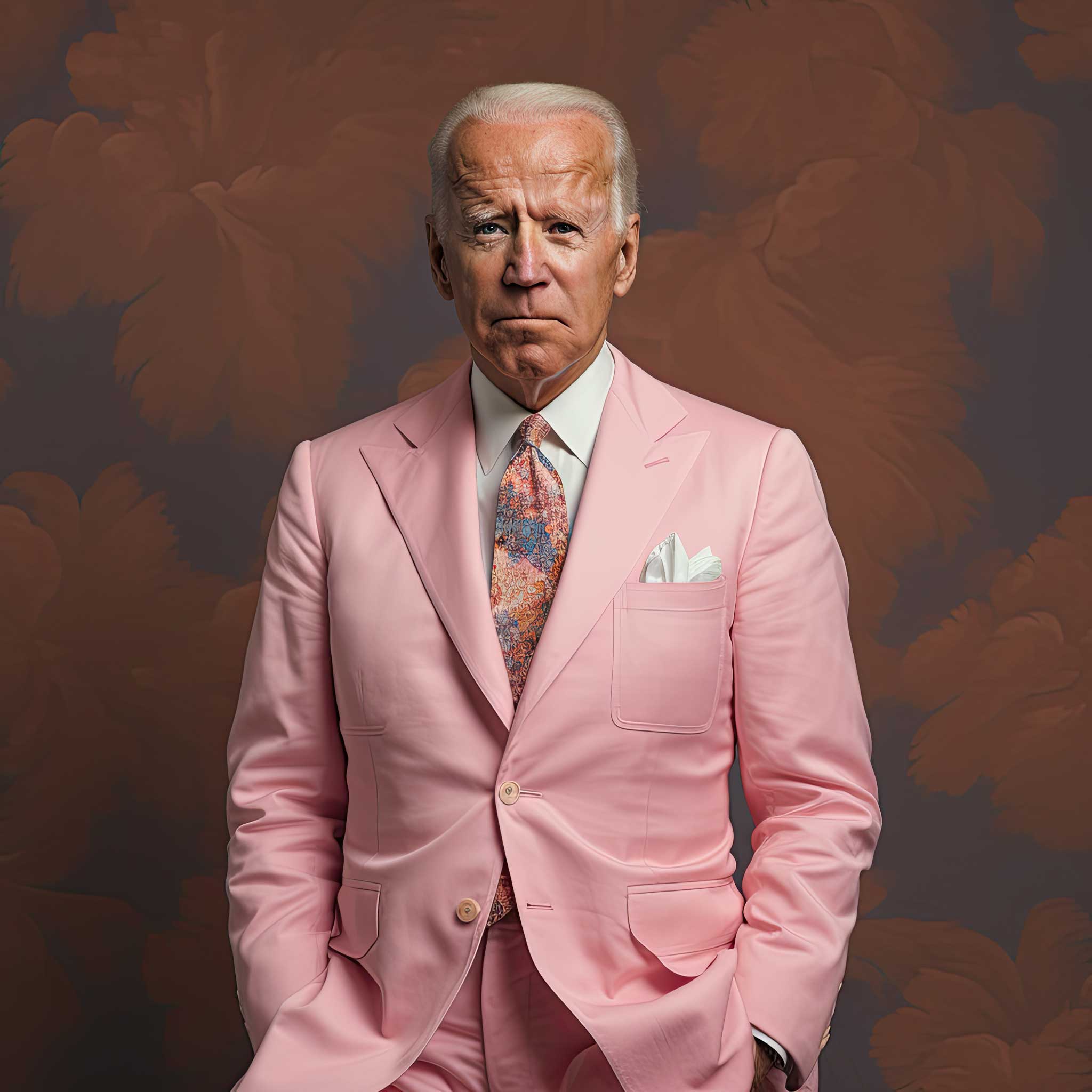 Older man in a pink suit standing against a dark textured background