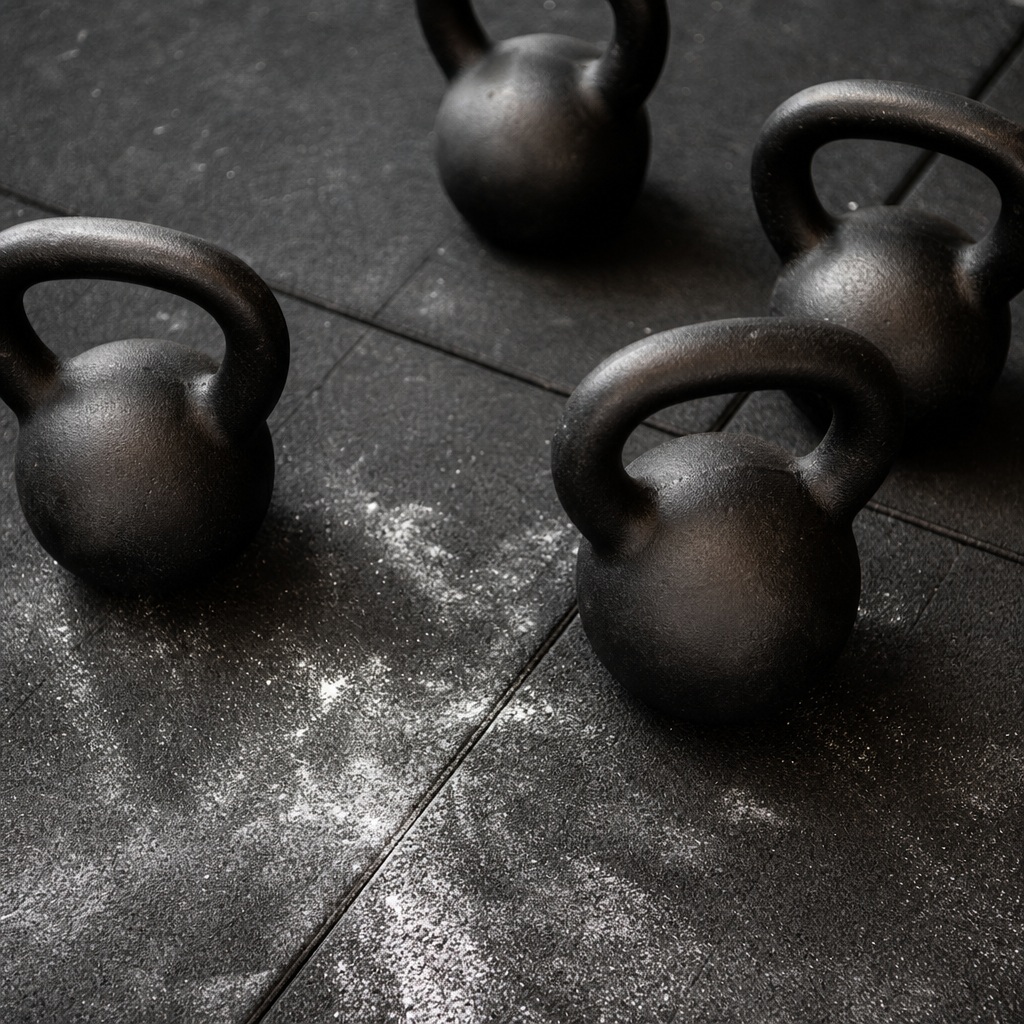 Several black kettlebells on a dark textured gym floor